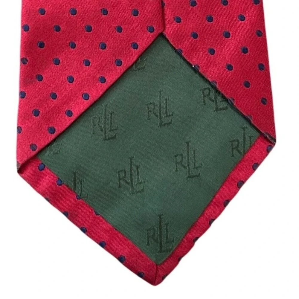 Lauren Ralph Lauren Mens Red Navy Blue Polka Dot Silk Necktie Hand Finished‎ USA